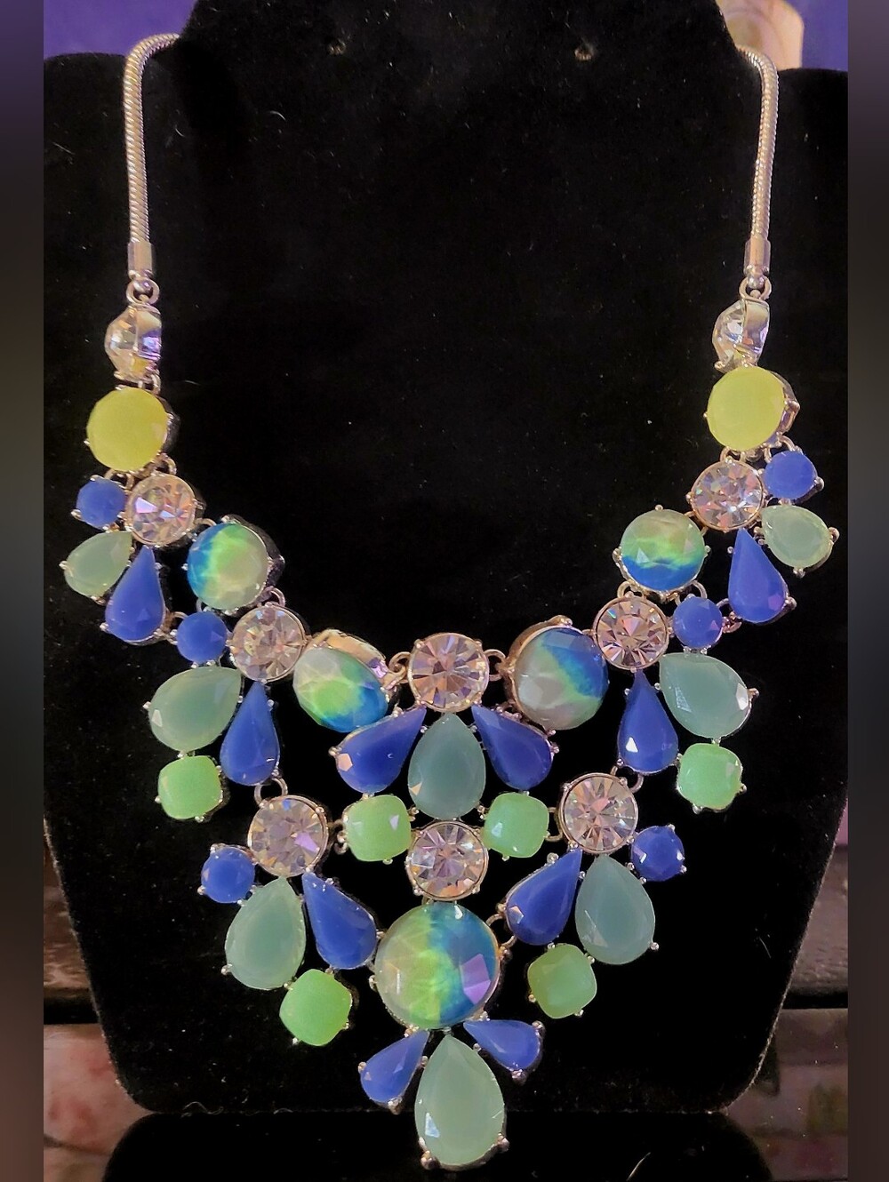 20" Nine West Blue & Green Rhinestone Statement Bib Necklace